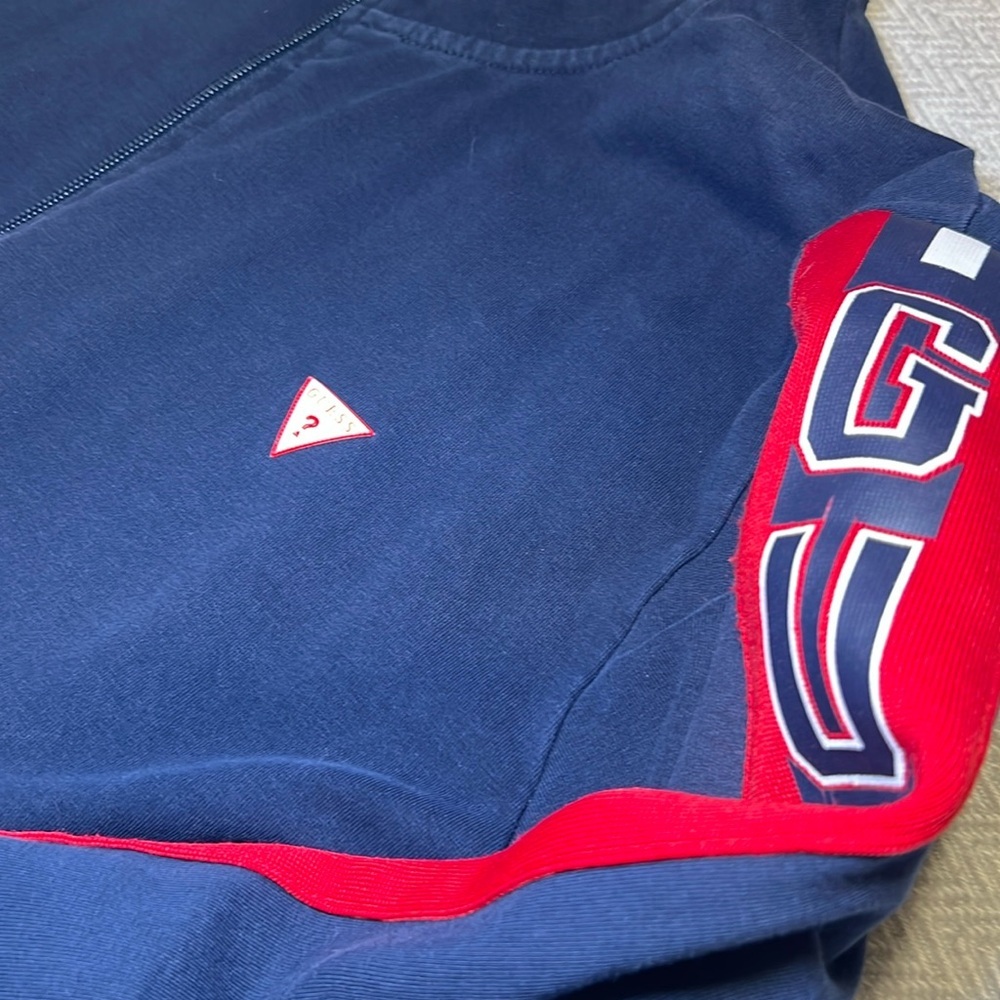 GUESS Men's Navy Zip Jacket with Red and White Accents. Size Large. - Picture 3 of 10
